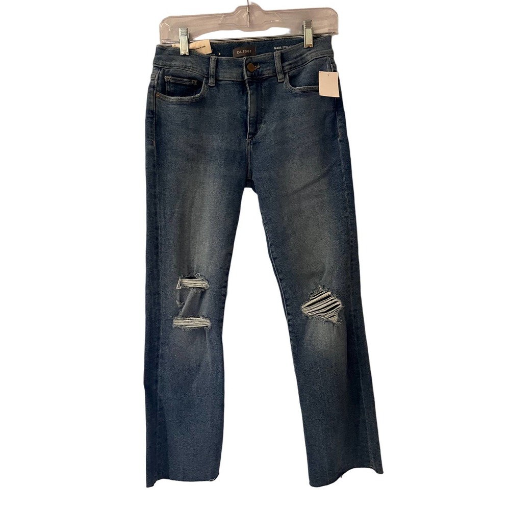 DL1961 Mara Straight Jeans Mid-Rise Ankle Length Light Distress Raw Hem 27 NWT